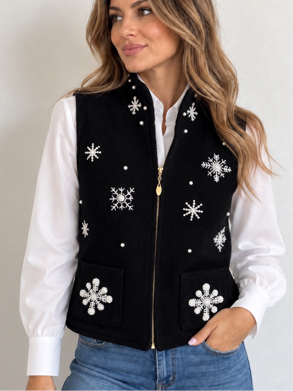 Lisa International Black Snowflake Embroidered Boiled   Wool Vest Size L